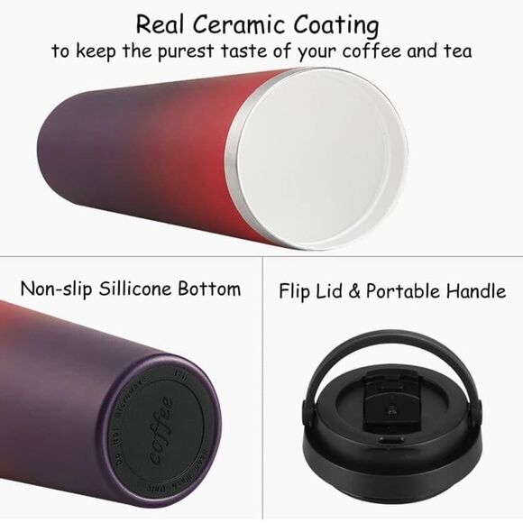 Funkrin insulated ceramic double wal coffee mug 16 OZ with flyp lid & handle NWT - Picture 8 of 12